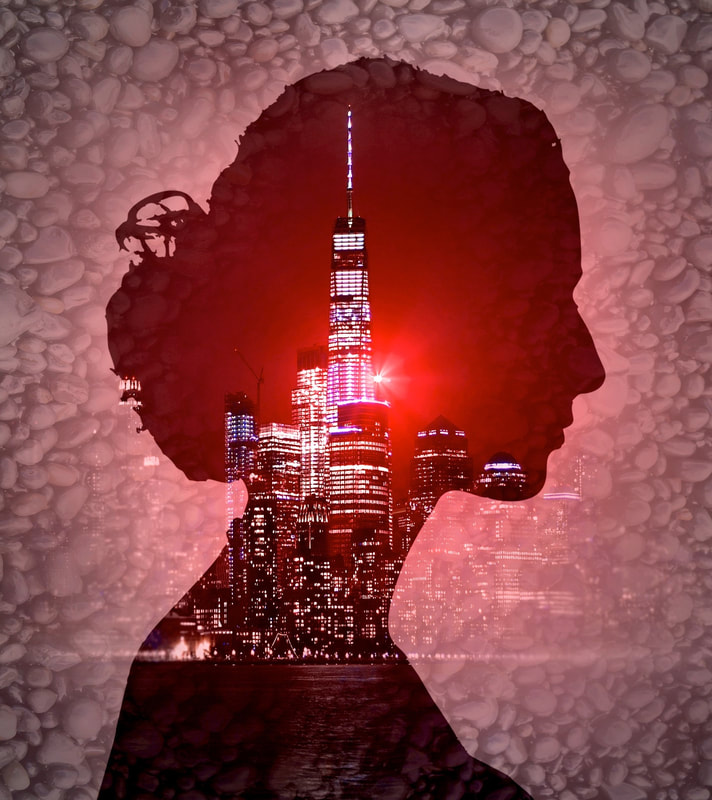 City within woman's head silhouette
