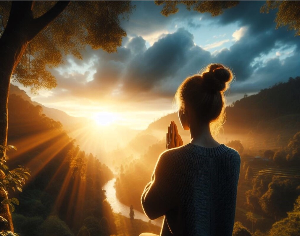 Woman praying to sunrise in service